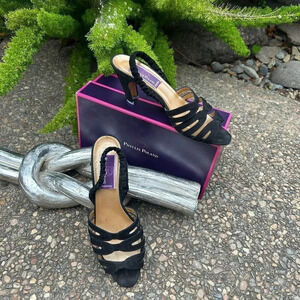 Phyllis Poland Black Suede Strappy Slingback Sandals Leather Soles